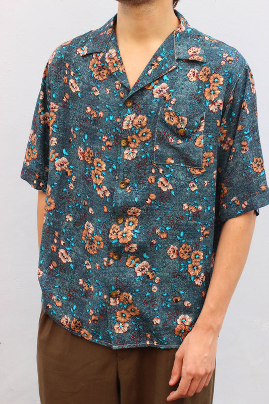 Navy Orange Floral Viscose Bowler