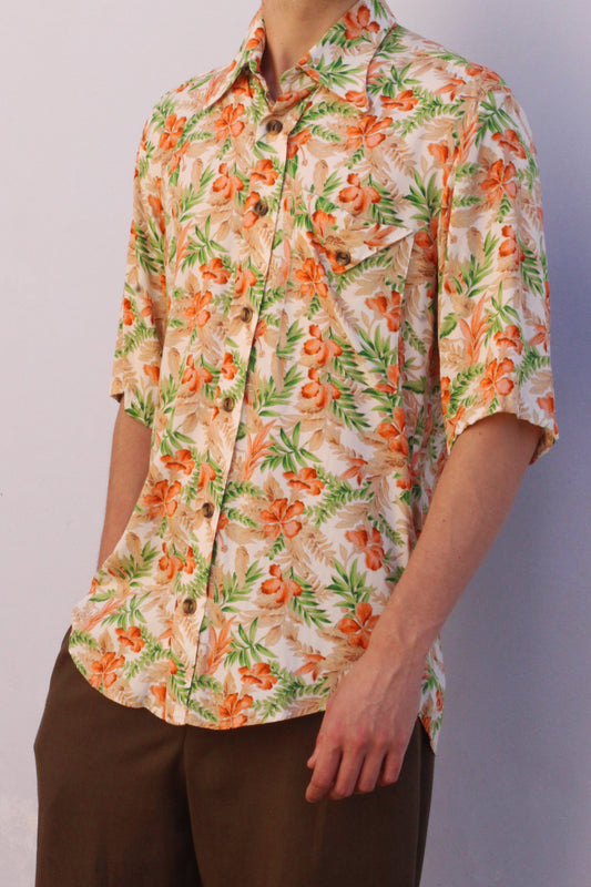 Orange Floral Viscose Short Sleeve Shirt